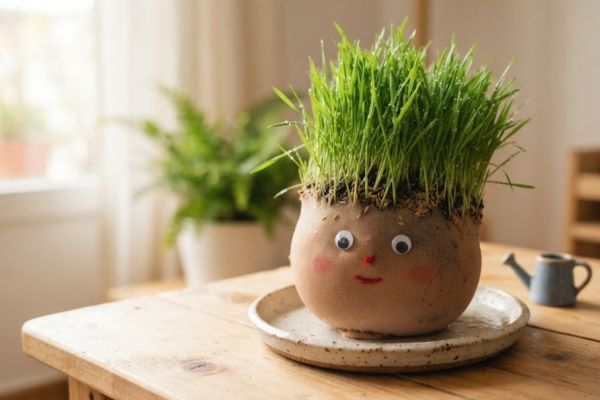 Germinador cabecita de pasto con brotes verdes sobre una mesa