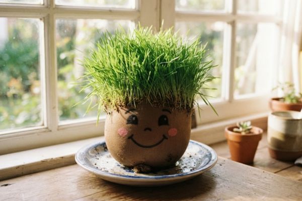 germinador cabeza de pasto ya crecido Germinador cabecita de pasto con pelo de pasto crecido después de una semana