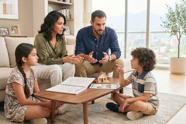 como hablar con ninos de un sismo Padres de familia hablando con sus hijos sobre lo que deben hacer en caso de un sismo.