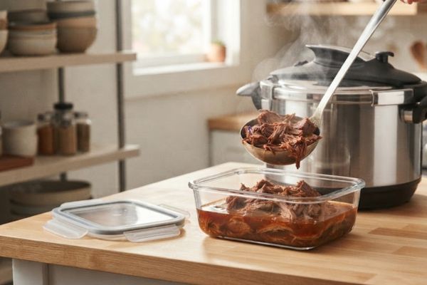 Una toma cercana que muestra como se almacena la birria de res en un recipiente de vidrio hermético.