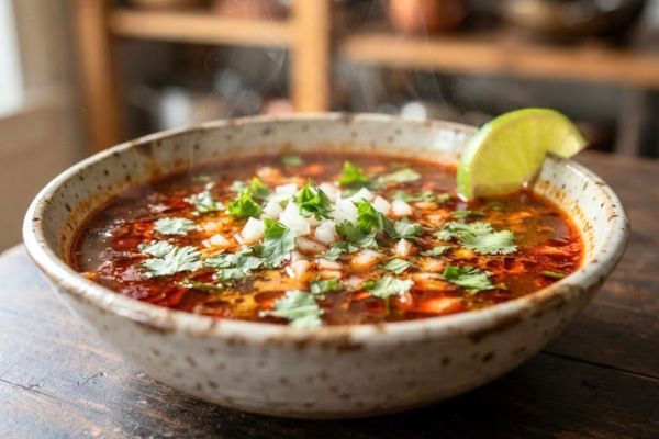 Tazón de consomé de birria de res con limón, cebolla y cilantro picado