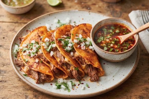 Tacos de birria de res dorados y consomé para remojar, estilo quesabirria mexicana