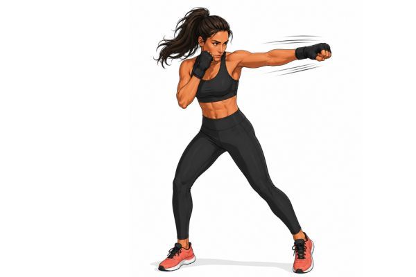 Jab en Body Combat tecnica ejecucion Ilustración del movimiento jab en Body Combat: brazo delantero extendido hacia el frente, cadera en ligera rotación, guardia con el otro puño