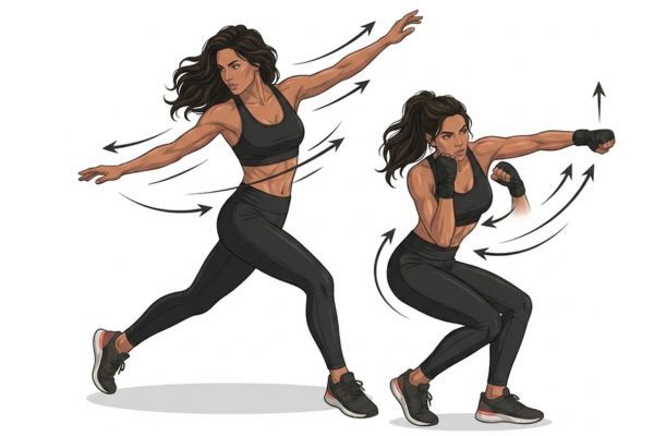 body combat ginga bob weave esquiva.jpg Ilustración de ginga de capoeira y bob and weave en Body Combat: balanceo lateral y esquiva con flexión de rodillas