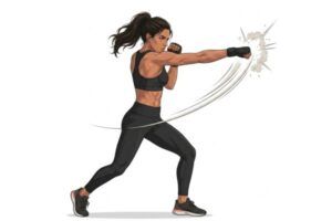 Ilustración del golpe de codo en Body Combat: codo elevado a la altura del hombro, tronco rotado, trayectoria horizontal del impacto