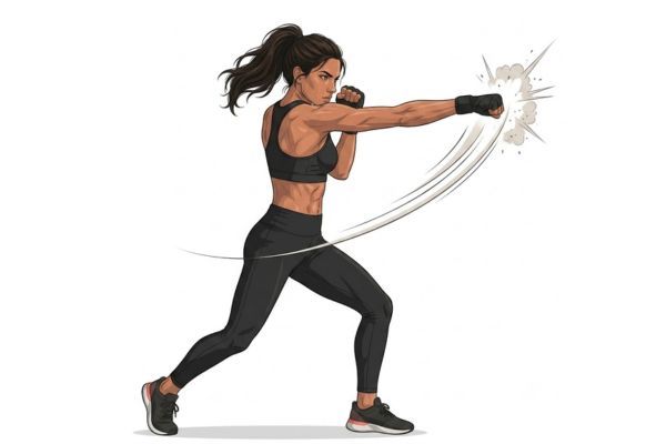 body combat golpe codo.jpg Ilustración del golpe de codo en Body Combat: codo elevado a la altura del hombro, tronco rotado, trayectoria horizontal del impacto