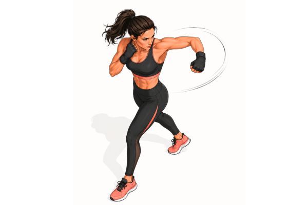 body combat movimiento gancho.jpg Ilustración del gancho en Body Combat: codo a 90 grados, puño viajando en arco horizontal, rotación de cadera visible