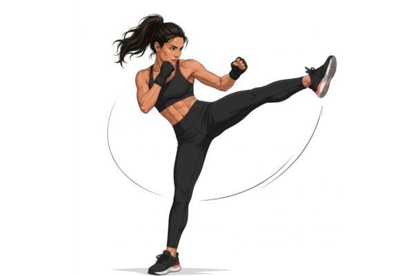 body combat patada circular roundhouse.jpg Ilustración de patada circular en Body Combat: rodilla elevada al lado, pierna extendida en arco horizontal, pie de apoyo girado