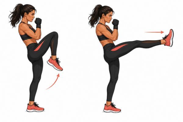 body combat patada frontal.jpg Ilustración de patada frontal en Body Combat: rodilla elevada al pecho y pierna extendida hacia adelante, pie en flexión