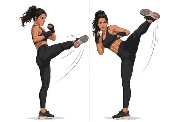 body combat patada lateral trasera.jpg Ilustración comparativa de patada lateral y patada trasera en Body Combat: talón empujando al lado y talón empujando hacia atrás