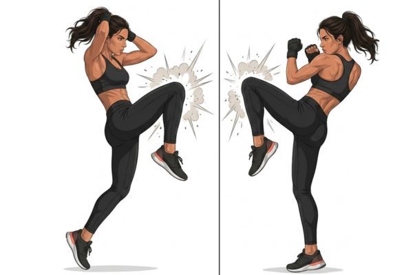 body combat rodillazo muay thai.jpg Ilustración de rodillazo frontal en Body Combat: rodilla elevada explosivamente hacia el pecho, manos entrelazadas detrás de la nuca