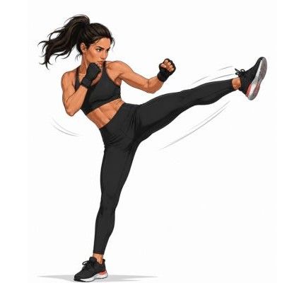 movimientos de body combat Ilustración de mujer ejecutando patada frontal en clase de Body Combat con postura técnica correct