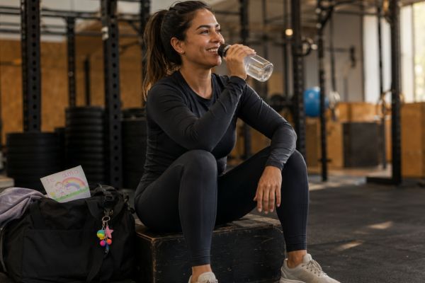 mama activa crossfit entrenamiento femenino Mamá latina sonriendo y descansando después de completar su entrenamiento de CrossFit empoderada y activa