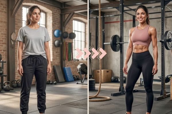 progreso mujeres que hacen crossfit Ilustración comparativa antes y después de una mujer que hace CrossFit durante 12 semanas