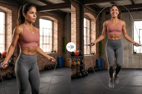 wod crossfit mujeres cardio resistencia grupo Grupo de mujeres latinas haciendo WOD de CrossFit con box jumps cuerda y kettlebell en un box moderno