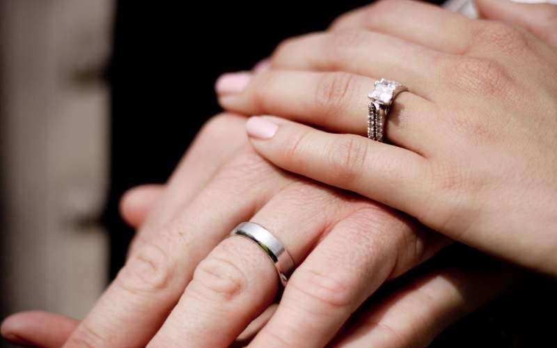 Manos de una pareja mostrando sus argollas de matrimonio