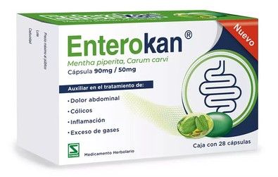 Caja de Enterokan, fitomedicamento con Mentha piperita y Carum carvi para aliviar el dolor abdominal, gases e inflamación.