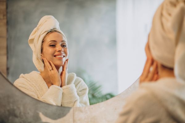 Mamá joven sonriente con toalla en el cabello y bata, haciendo una rutina de belleza rápida y minimalista frente al espejo.