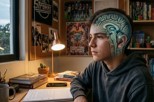 Ilustración de un adolescente con una transparencia de su cerebro resaltando la corteza prefrontal en desarrollo.