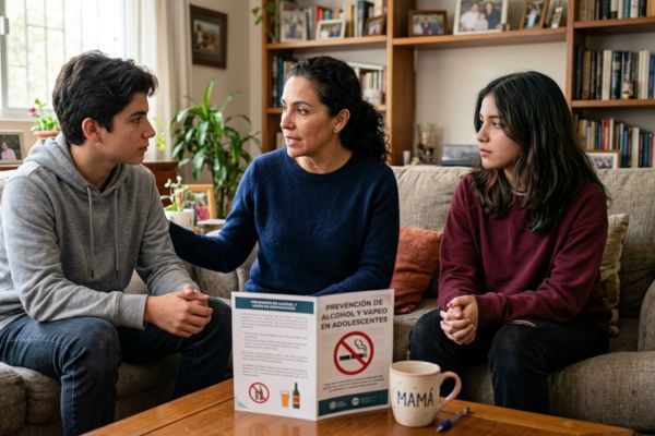 Madre hablando con sus hijos adolescentes en un sofá sobre prevención de alcohol y vapeo, y las consecuencias de su consumo