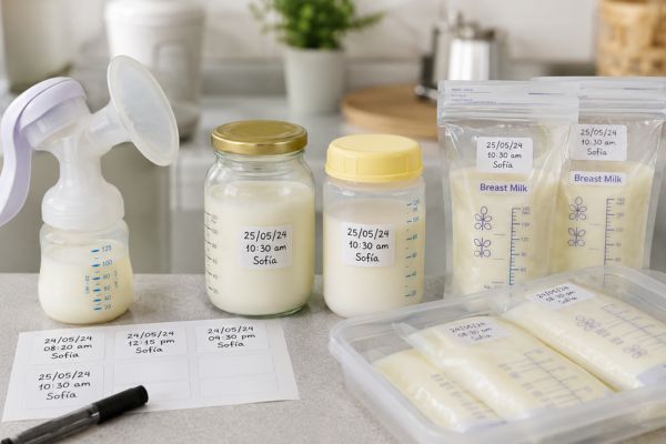 Recipientes y bolsas con leche materna etiquetada y organizada de forma segura sobre una cocina limpia.