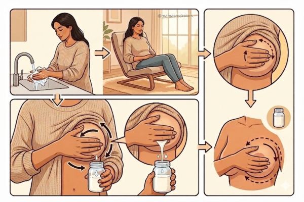 Ilustración paso a paso sobre cómo realizar la extracción manual de leche materna de forma lógica, clara y sutil.