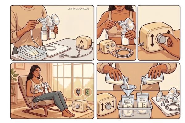Ilustración paso a paso de extractor eléctrico doble: preparación, colocación, ajuste de succión y almacenamiento.