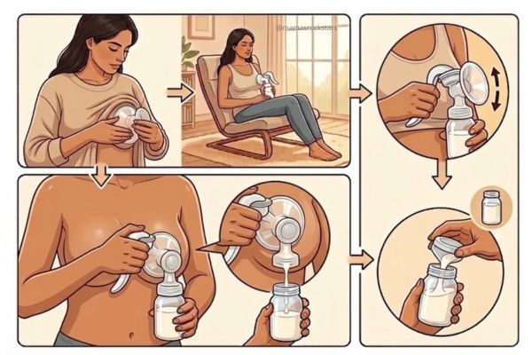 Pasos para extraer leche materna con extractor manual: colocación de la copa, bombeo y almacenamiento.