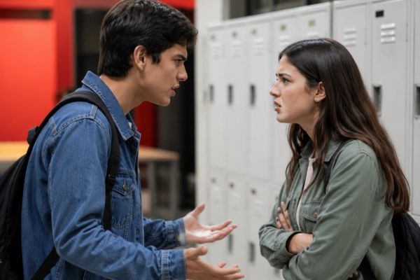 Pareja adolescente discutiendo en un pasillo escolar, reflejando conflictos y tensión emocional en el noviazgo juvenil.