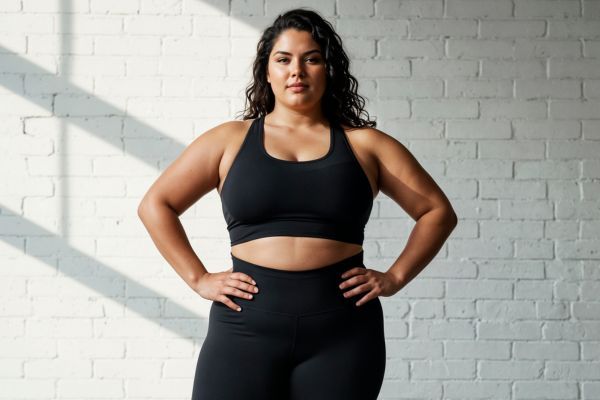 Mujer curvy con ropa deportiva negra lista para empezar a hacer ejercicios como parte de su rutina diaria