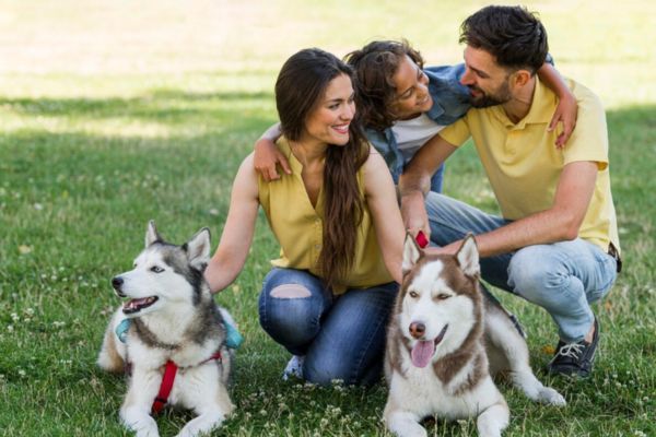 familia mexicana con sus perros vacunados Familia mexicana disfrutando a sus mascotas sanas gracias a la vacunación