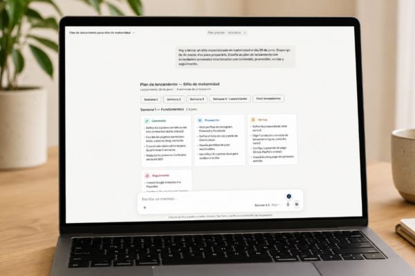 prompt claude programa semanal Laptop mostrando un plan de lanzamiento para un sitio de maternidad creado con Claude AI en un escritorio moderno.