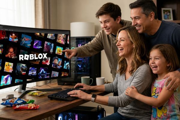 Mamá, papá y sus dos hijos jugando Roblox de forma segura en casa