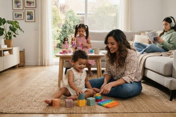 Mamá sentada en la sala de su casa pasando el tiempo con sus hijos haciendo actividades según su edad