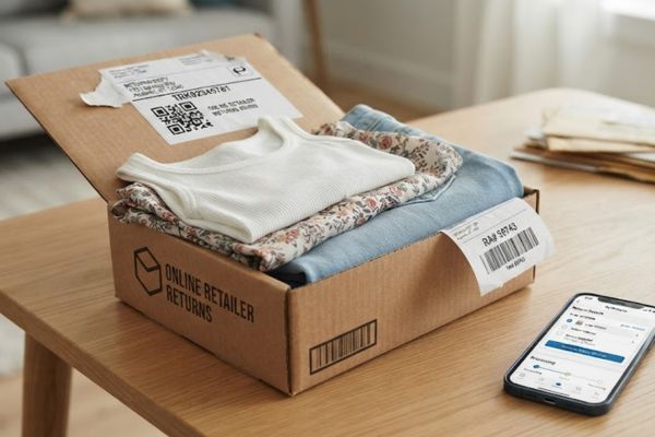 Caja con ropa comprada en una tienda asiática lista para hacer la devolución