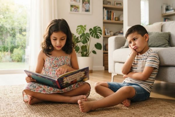 el aburrimiento en ninos Niños en la sala de su casa, la niña leyendo un libro y el niño mostrando signos de aburrimiento.