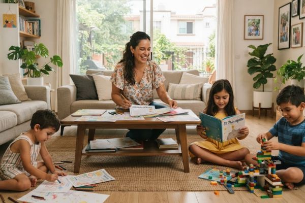 el juego en la infancia Mamá organiza actividades de verano en casa con niños de diferentes edades jugando juntos