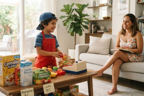 juegos de roles para ninos preescolares Niño jugando a la tienda con disfraces caseros y cajas en la sala en vacaciones.