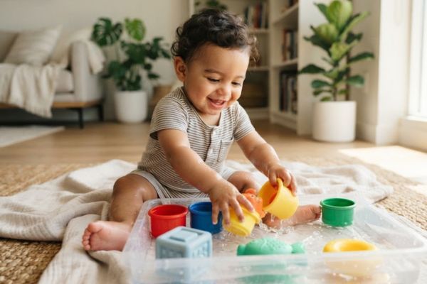 juegos sensoriales para bebes Bebé jugando en una bandeja sensorial con agua y juguetes seguros durante las vacaciones de verano