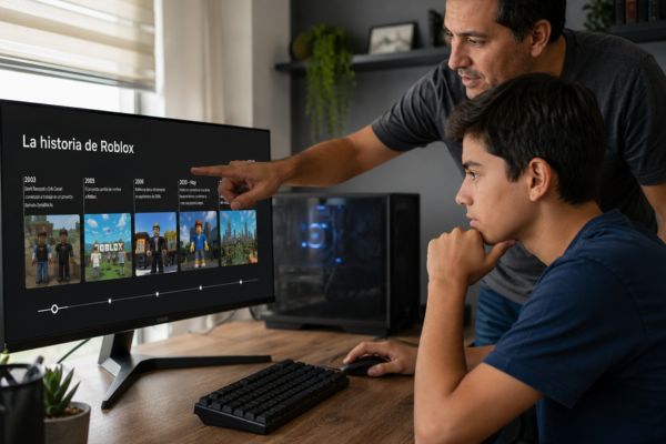 Padre e hijo conociendo la historia de Roblox en su computadora