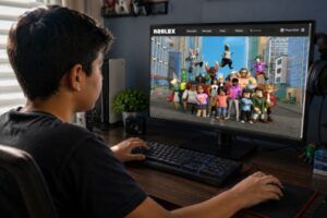 Niño de unos once años jugando Roblox desde su computadora