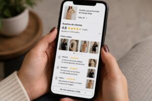 Mujer leyendo las reseñas en una app de una tienda asiática de ropa