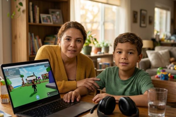 Madre de familia explicando a su hijo sobre los riesgos de seguridad al usar Roblox a su hijo.