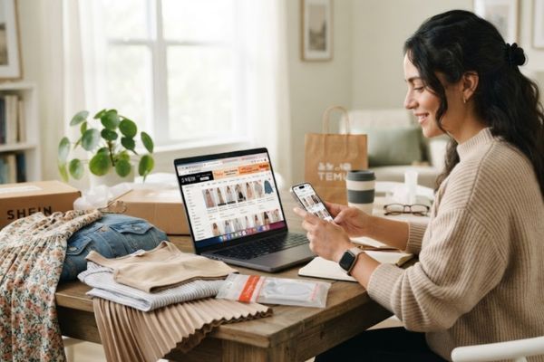 Mujer joven comprando ropa fast fashion en tiendas online asiaticas
