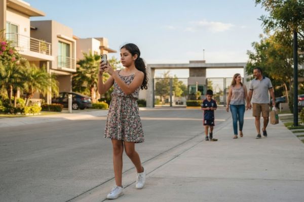 verano creativo para preadolescentes Preadolescente tomando fotos con su celular durante un paseo de verano en familia
