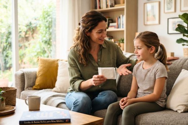 Mamá hablando con su hija sobre que esperar en su primera menstruación