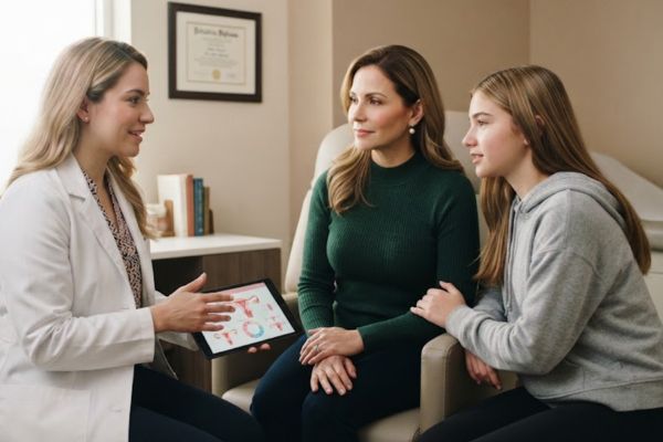Mamá e hija consultando con una pediatra sobre el ciclo menstrual