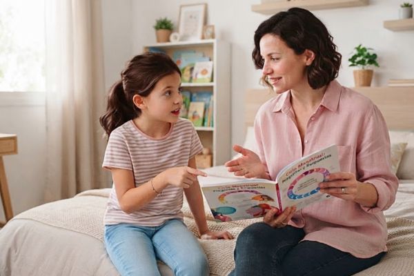 Mamá hablando con su hija sobre los cambios en su cuerpo y la menstruación