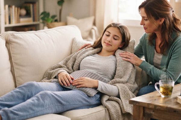 Mamá apoyando emocionalmente a su hija con cólicos menstruales y cambios emocionales.