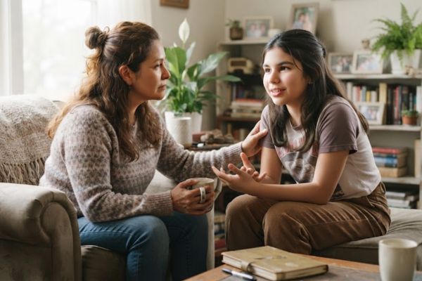 Mamá hablando con su hija sobre menstruación evitando errores que dañen su relación con su cuerpo